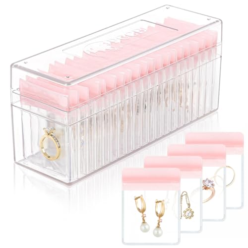HOMEHIVE Acrylic Jewelry Box Organizer, Clear Jewelry Organizer Holder with 20 Portable Anti Tarnish Jewelry bags, Travel Jewelry Case for Earrings/Rings/Necklaces for Women Girls, Pink - color: Pink