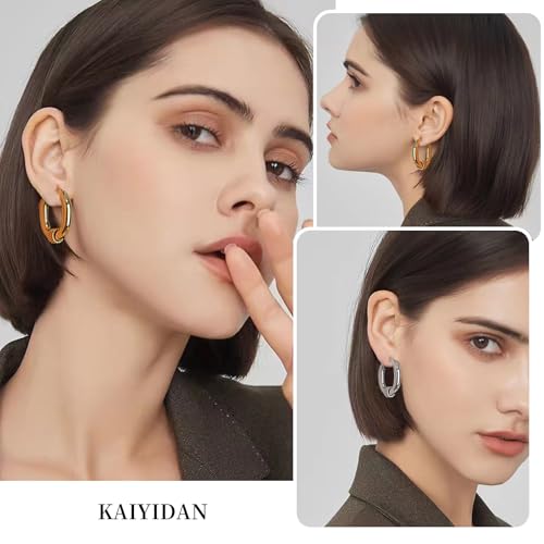 2 Pairs Gold/Silver Hoop Earrings For Women Set Trendy,14K Plated Gold Chunky Huggie Hoop Earings Pack,Oval Twisted Statement Silver Hoops,Fashion Jewelry Gift - color: 13) oval chunky hoop