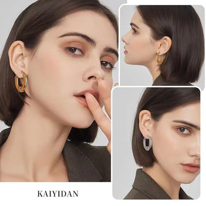 2 Pairs Gold/Silver Hoop Earrings For Women Set Trendy,14K Plated Gold Chunky Huggie Hoop Earings Pack,Oval Twisted Statement Silver Hoops,Fashion Jewelry Gift - color: 13) oval chunky hoop