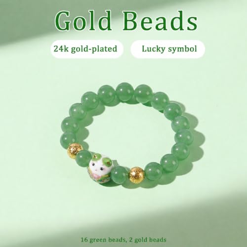 Real Gemstone Lucky Cat Bracelet Feng Shui Good Luck Wealth Charm | Blessed Genuine Gemstone with Brass Cat Pendant, 10mm Prayer Beads, Energy Protection for Wealth & Health, Spiritual Gifting - color: Green