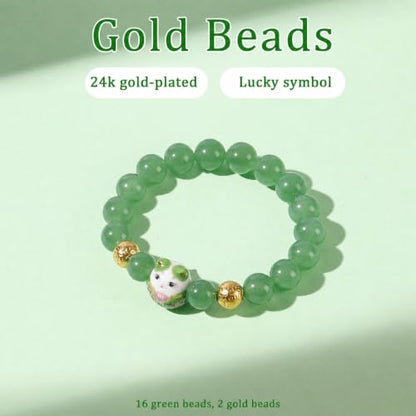 Real Gemstone Lucky Cat Bracelet Feng Shui Good Luck Wealth Charm | Blessed Genuine Gemstone with Brass Cat Pendant, 10mm Prayer Beads, Energy Protection for Wealth & Health, Spiritual Gifting - color: Green
