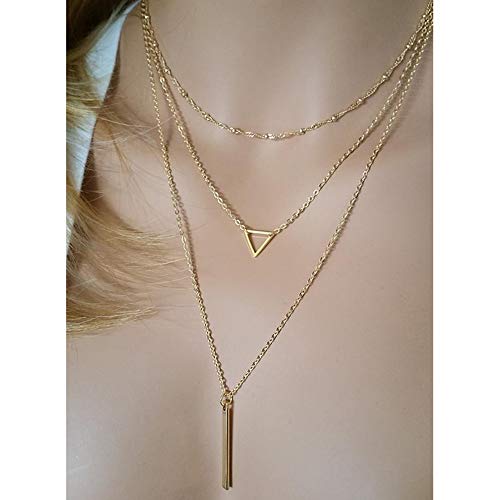 Turandoss Gold Layered Necklaces for Women - 14K Gold Plated Handmade Multilayer Bar Pearls Coin Disc Moon Butterfly Medallion Adjustable Dainty Layered Choker Necklaces for Women Jewelry - style: "3 Layered Necklace - Chain&Triangle&Bar