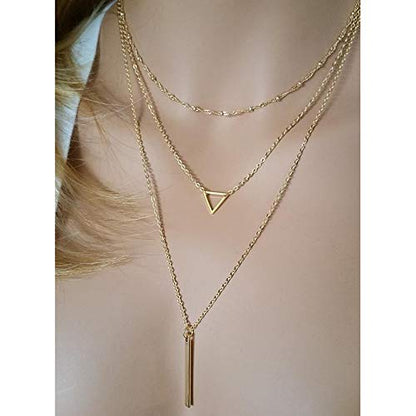 Turandoss Gold Layered Necklaces for Women - 14K Gold Plated Handmade Multilayer Bar Pearls Coin Disc Moon Butterfly Medallion Adjustable Dainty Layered Choker Necklaces for Women Jewelry - style: "3 Layered Necklace - Chain&Triangle&Bar