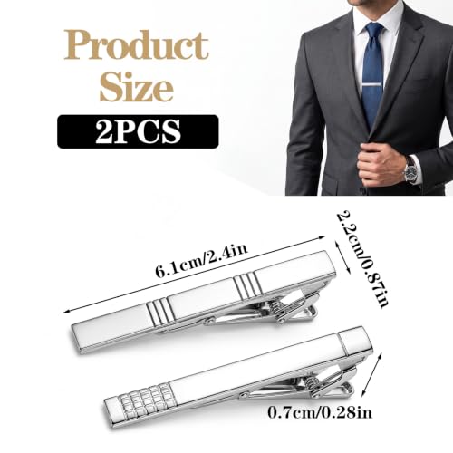 2 Pcs Tie Pins for Men, Classic Tie Clip Silver for Father Husband | Mens Tie Clip, Tie Bars for Men Stainless Steel, Formal Business Wedding Party Fathers Day Gift, Professional Fashion Designs