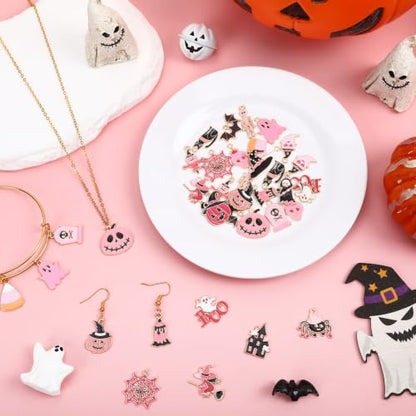 40 Pcs/20 Pairs Pink Halloween Charms for Jewelry Making | Assorted Enamel Halloween Pendants, Pumpkin Ghost Skull Witch Charm, Bracelet Necklace Earring Crafting, DIY Gift Accessories - style: Pink Halloween