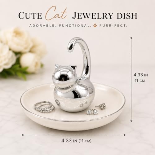 Cat Ring Holder Jewelry Dish–White & Silver Fat Cat Ceramic Trinket Tray,Birthday,Wedding,Graduation Gift for Women & Girls,Rings Earrings Necklaces Bracelets–Vanity,Nightstand,Dresser,Bathroom - color: Fat Cat