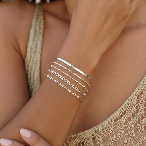 5Pcs Thin Silver Plated Bracelets Sets for Women Dainty | Silver Jewelry Trendy Stackable Rope Snake Box Figaro Chain Bracelets Pack Costume Fashion Gifts - style: 5Pcs BRACELET SET-04