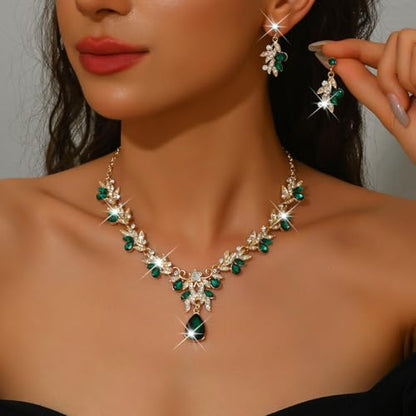 CJIAYUJEW Cubic Zirconia Wedding Jewelry Sets for Bride Bridesmaid Cluster Crystal Teardrop Pendants Jewelry Set Necklace Earring for Brides Bridesmaid for Wedding Party - color: Green