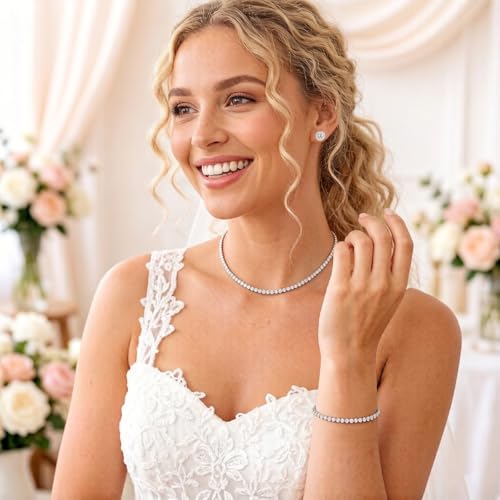 Silver Tennis Necklace and Bracelet Set for Women Wedding Jewelry Sets for Brides Earrings Prom Bridesmaid Jewelry - color: Silver01