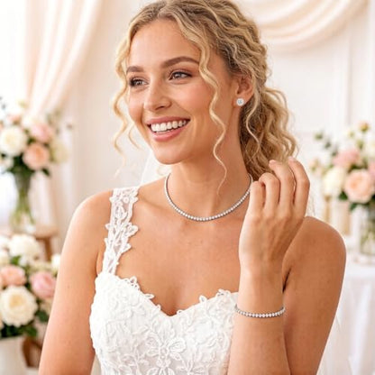 Silver Tennis Necklace and Bracelet Set for Women Wedding Jewelry Sets for Brides Earrings Prom Bridesmaid Jewelry - color: Silver01