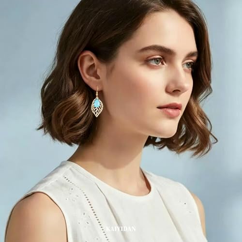 Boho Turquoise Dangle Earrings For Women Trendy,Western Blue Gemstone Drop Earings,Vintage Gothic Ethnic Statement Beach Vacation Long Birthstone Earrings with Leaf Teardrop Turquoise Crystal Tassels,Fashion Jewelry Birthday Gift. - style: A4 Rose Gold Tu