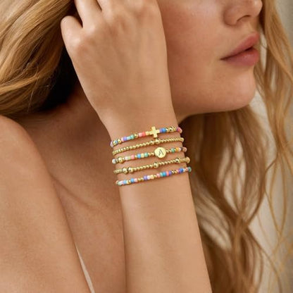 M MOOHAM Bracelets for Girls - 5PCS Colorful Beaded Bracelets Cross Bracelet Disc Letter A-Z Initial Bracelet Stretch Stackable Bracelet Set for Women Girls, Birthday Gift Christian Jewelry - color: S