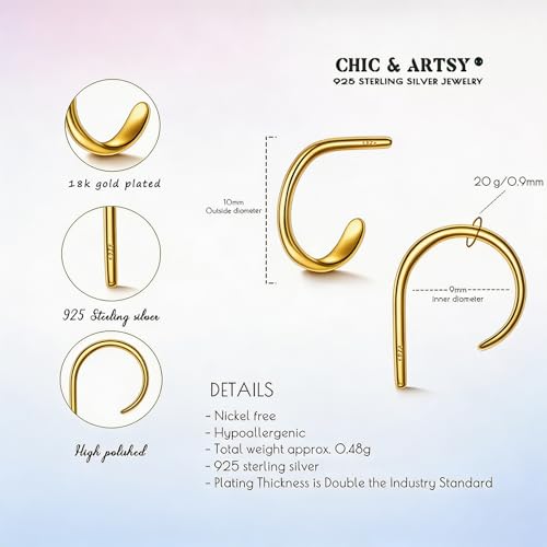 CHIC & ARTSY 925 Sterling Silver Open Hoop Earrings Small Hoop Earrings for Women Half Hoop Cartilage Piercing Adjustable Huggie Earrings - color: U:18K gold plated 10mm