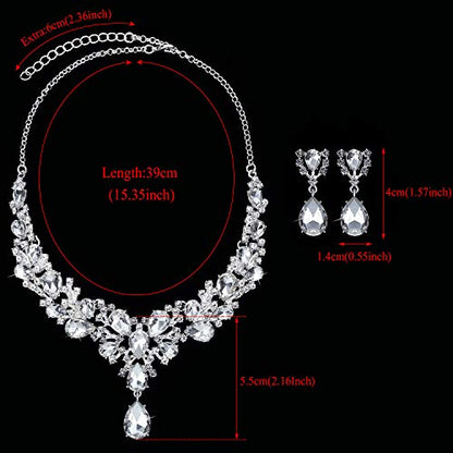 Hicarer Bridal Teardrop Cluster Crystal Jewelry Set for Women Necklace Earrings Wedding - color: Silver