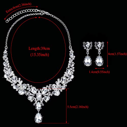 Hicarer Bridal Teardrop Cluster Crystal Jewelry Set for Women Necklace Earrings Wedding - color: Silver