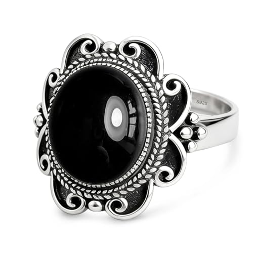 Sterling Silver Natural Stone Ring,Retro Antique Vintage Oval Genuine Real Crystal Quartz Gemstone Wide Boho Bohemian Statement Chunky Ring for Women - color: A02_Black Agate