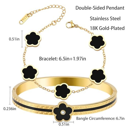 2pcs Stackable Bangle Bracelets 18K Gold Plated Lucky Clover Bracelet Stainless Steel Clover Jewelry Set Fashion Birthday Gifts for Women - color: Gold Black Stackable Bracelets