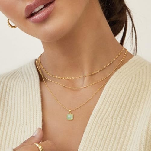 KissYan Healing Crystal Necklace, 14K Gold Plated Natural Stone Pendant Necklace Reiki Quartz Amethyst Citrine Gemstone Spiritual Jewelry Gifts for Women Girls - color: A-Aquamarine-Square