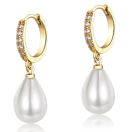 CERSLIMO Pearl Drop Earrings for Women | S925 Sterling Silver Post Simulated Shell Pearl Hoop Dangle Earrings, Hypoallergenic Cubic Zirconia Huggies Earrings Bridesmaid Jewelry - style: 02 Gold-Teardrop