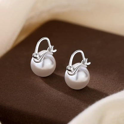 Double Pearl Drop Earrings for Women 925 Sterling Silver | 18k Gold Plated Big Large Pearl Dangle Earrings Pearl Dangling Stud Earring Bridal Wedding Jewelry Birthday Gifts for Mom - color: C-Silver