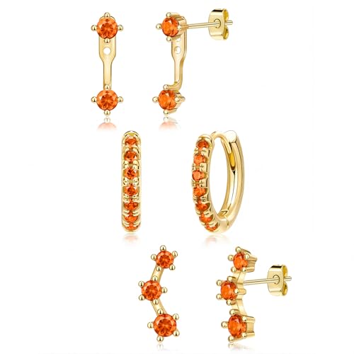 3 Pairs Dainty Small Earrings Set for Women Trendy, Birthstone Stud Huggie Hoop Jacket Stack for Cartilage Helix, Gold Plated Hypoallergenic Cute Women Fashion Accessories Western Jewelry Gifts - color: 07Orange-July (Gold)