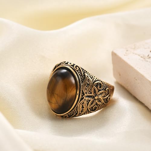 Retro Large Tiger Eye Stone Turquoise Wedding Ring For Men Classical Gothic Stainless Steel Rings - color: Gold-Coffee