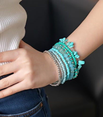 Noessla Boho Beaded Bracelets for Women Stackable Irregular Natural Stone Bead Stretch Bracelet Set 8PCS Costume Jewelry Gifts for Her - color: Turquoise