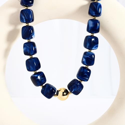 Chunky Colorful Beaded Choker Necklace for Women, Summer Beach Statement Resin Beads Necklace, Trendy Womens Summer Beach Jewelry Birthday Gifts for Vacation Holiday - color: Square Dark Blue Bead