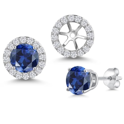 Gem Stone King 14K White Gold 6MM Round Gemstone Birthstone Stud Earrings with Removable Jackets and Lab Grown Diamond Accents | Gold Earrings For Women | Fine Jewelry Gift for Her Mom Women Wife - color: Blue Created Sapphire-September