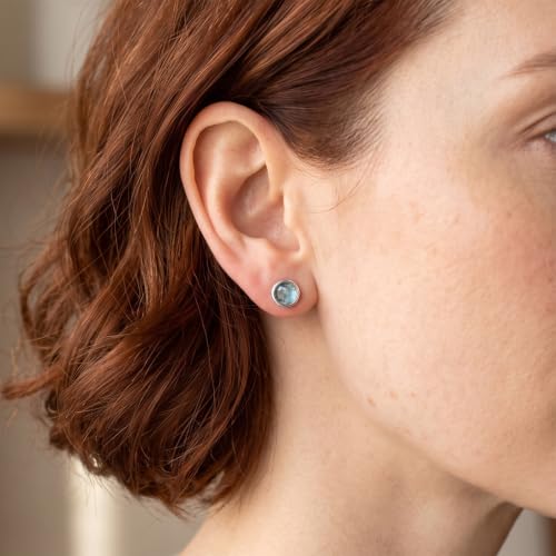 Natural Aquamarine Earrings with 925 Sterling Silver Studs | 6.5 mm Light Blue Stud Earrings for Sensitive Ears | Minimalist Unisex March Birthstone Jewelry | Wedding Bride Gift