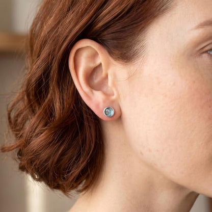 Natural Aquamarine Earrings with 925 Sterling Silver Studs | 6.5 mm Light Blue Stud Earrings for Sensitive Ears | Minimalist Unisex March Birthstone Jewelry | Wedding Bride Gift