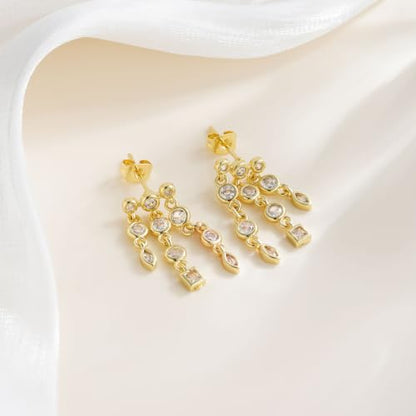 14K Gold Plated Dangle Earrings for Women, Dainty Hoop Huggie Studs, Long Hanging Tassel Chain Multi Pierced Ear Stacking Jewelry Gifts - color: CZ Dangle-Gold