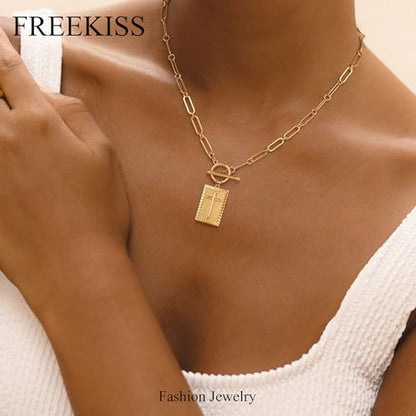 Freekiss 3-Piece Layered Toggle Necklace for Women | Gold/Silver necklace set with herringbone, rope, and paperclip chains plus a toggle clasp for layering, parties, and gifts - color: Gold Cross Necklace
