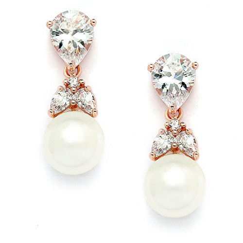 Mariell Clip-On Pearl Drop Bridal Earrings with Cubic Zirconia Crystals and Ivory Pearls For Brides, Bridesmaids, Weddings, Jewelry Gift for Women - color: Rose Gold