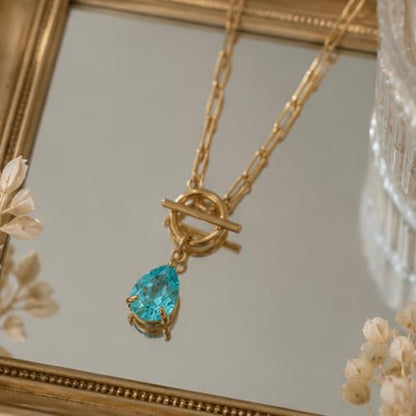 Teardrop CZ Pendant Paperclip Chain Necklace 18K Plated Paperclip Toggle Necklace Jewelry Birthstone Gift for Women - color: Aquamarine-March