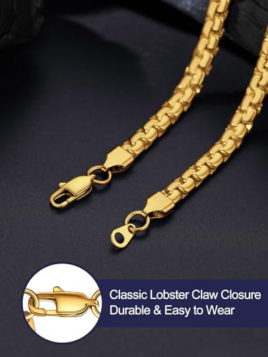 Bandmax Solid Stainless Steel Flat Box Link Chains 2MM/4MM/6MM/8MM Silver/Gold/Black Rolo Cable Chain Necklaces for Men Women 14"-30" Length, Gift Packed - color: 09 6MM-14K Gold Plated