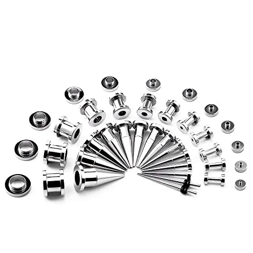 36PCS Ear Gauge Stretching Kit Stainless Steel Double Flare Alloy Tapers 3 In 1 Plugs Set Eyelet 14G-00G - color: (1.6-10mm)-Silver-Screw Fit
