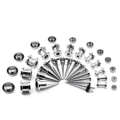 36PCS Ear Gauge Stretching Kit Stainless Steel Double Flare Alloy Tapers 3 In 1 Plugs Set Eyelet 14G-00G - color: (1.6-10mm)-Silver-Screw Fit