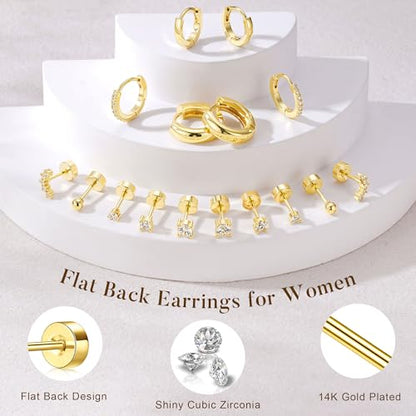Turandoss 8 Pairs Gold Stud Hoop Earrings for Women | 14K Gold Plated Small Huggie Hoop Earrings, Flat Back Cartilage Earring Stacks Set, Multiple Piercing, Hypoallergenic - color: 14K Gold Plated