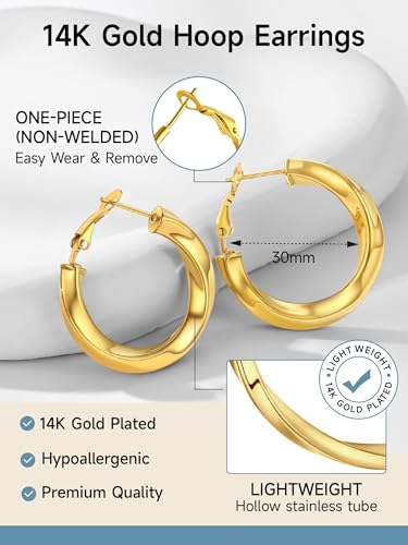 PROSTEEL Chunky Hoop Earrings for Women 14K Gold Plated/Black/Silver | 20/30/40/50/60/70/80mm Stainless Steel Thick Big Round Hoop with Waterproof and Non Tarnish Trendy Jewelry with Gift Box - color: 4. Gold, size: 30MM
