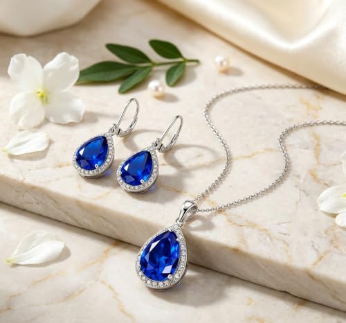 VONSSY Classic Oval Pendant Gemstone Necklace | Crystal Ruby Sapphire Waterdrop Birthstone Teardrop Emerald Necklace | 18K Platinum Gold Plated Chain | Jewelry Gift for Mother Wife Girlfriend - color: NL & ER - Sapphire