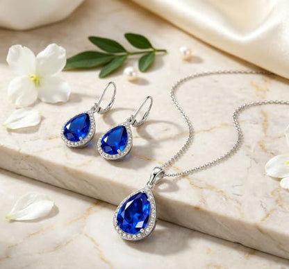 VONSSY Classic Oval Pendant Gemstone Necklace | Crystal Ruby Sapphire Waterdrop Birthstone Teardrop Emerald Necklace | 18K Platinum Gold Plated Chain | Jewelry Gift for Mother Wife Girlfriend - color: NL & ER - Sapphire