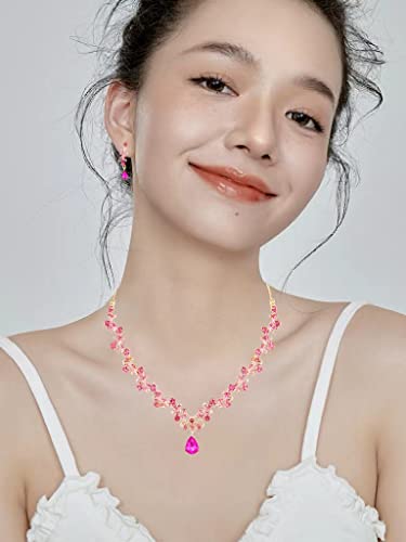 3Pcs Austrian Crystal Jewelry Set for Women, Necklace Dangle Earrings Link Bracelet Jewelry Set with Gold/Platinum/Gun Plated, Wedding Party Jewelry for Bridal Bridesmaid - color: Rose Red-Gold Plated