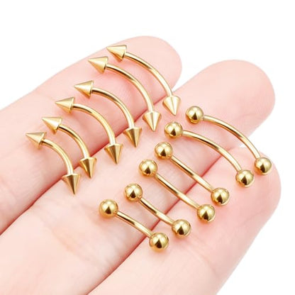 Eyebrow Piercing Jewelry Internally Threaded Surgical Steel Curved Barbell Tiny Eyebrow Ring Vertical Labret Lip Jewelry Ear Rook Navel Small Belly Button Ring for Women Men 18g 16g 14g - color: goldrtone,18g