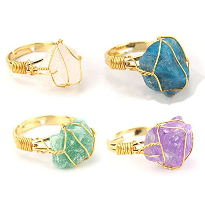 COLORFUL BLING Raw Healing Crystal Natural Stone Ring Statement Copper Wire Wrapped Irregular Crystal Gemstone Adjustalble Ring Jewelry for Women - color: 4 Pcs Set