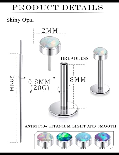 20G 18G 16G Astm F136 Titanium Threadless Flat Back Earrings Nose Studs Tragus Helix Conch Cartilage Lobe Earrings Medusa Labret Snake Bite Monroe Lip Ring Piercing Jewelry For Women Men - size: 20G-8MM Bar-Opal 2MM