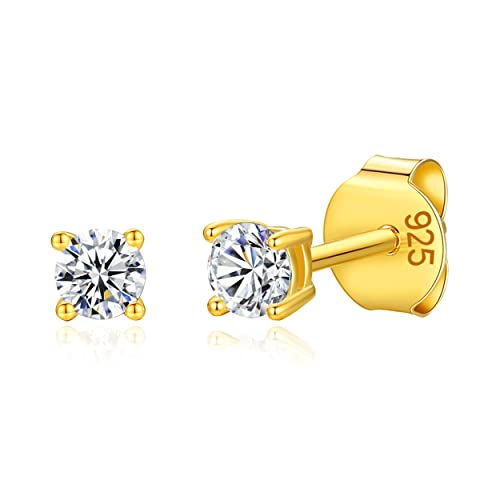 925 Sterling Silver 4 Prong Cubic Zirconia Stud Earrings for Women, Hypoallergenic, Sizes 2mm-6mm - color: Gold, size: 3mm
