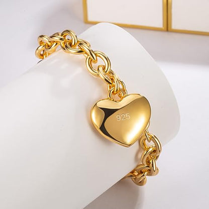 Dankadi Women 925 Sterling Silver Round Cable Wire Link Bracelet Charm Heart-Bell-Square-Circle Pendant Chain Bangle Fine Jewelry Gift For Wife Her - color: 6MM Gold Heart Pendant, size: 9 in