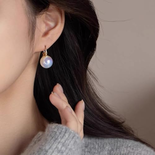 HUGE TOMATO 925 Sterling Silver Simulated Shell Pearl Earrings for Women Trendy, Big Pearl Drop Earrings Leverback Stud,18K Gold Plated Large Pearl Hoop Dangle Hypoallergenic Jewelry 14mm - color: Opal