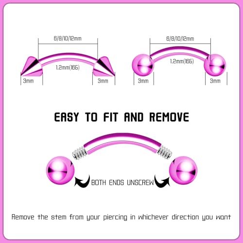 BLISI G23 Solid Titanium Eyebrow Piercing Jewelry, Gold Black Rose Gold Silver Pink Rainbow Eyebrow Rings 16G Curved Barbell,Tiny Vertical Labret Lip Jewelry Rook Piercing Jewelry for Women and Men - color: Pink 1